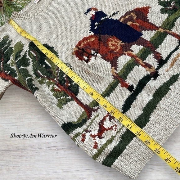 RARE vintage intarsia equestrian hunter with dog motif crewneck crewneck sweater - Picture 9 of 11